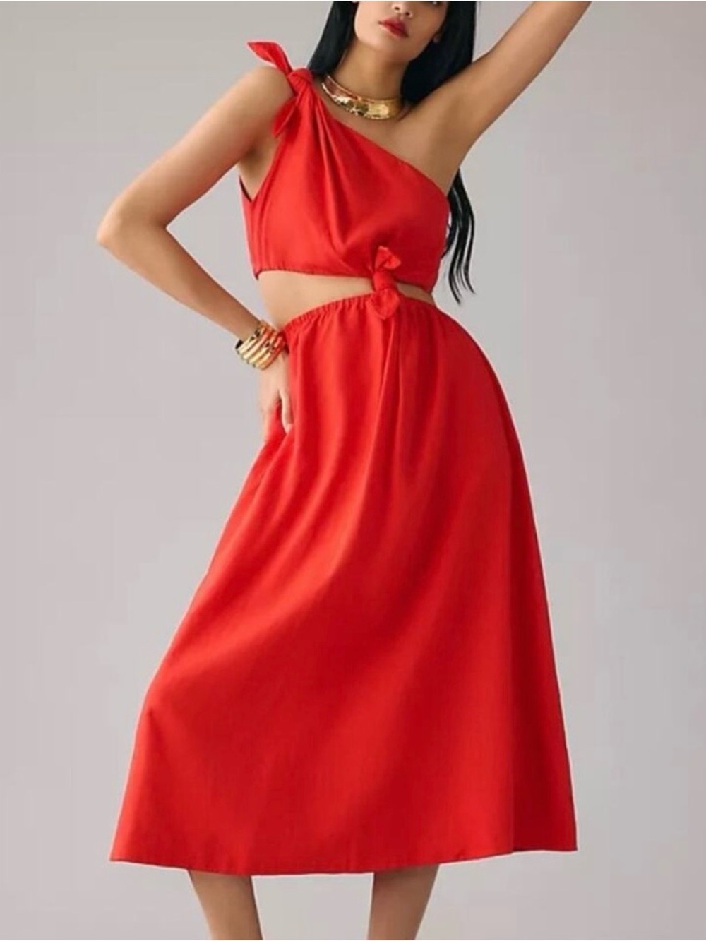 FARM Rio One-Shoulder Cutout Midi Dress in Vibrant Red